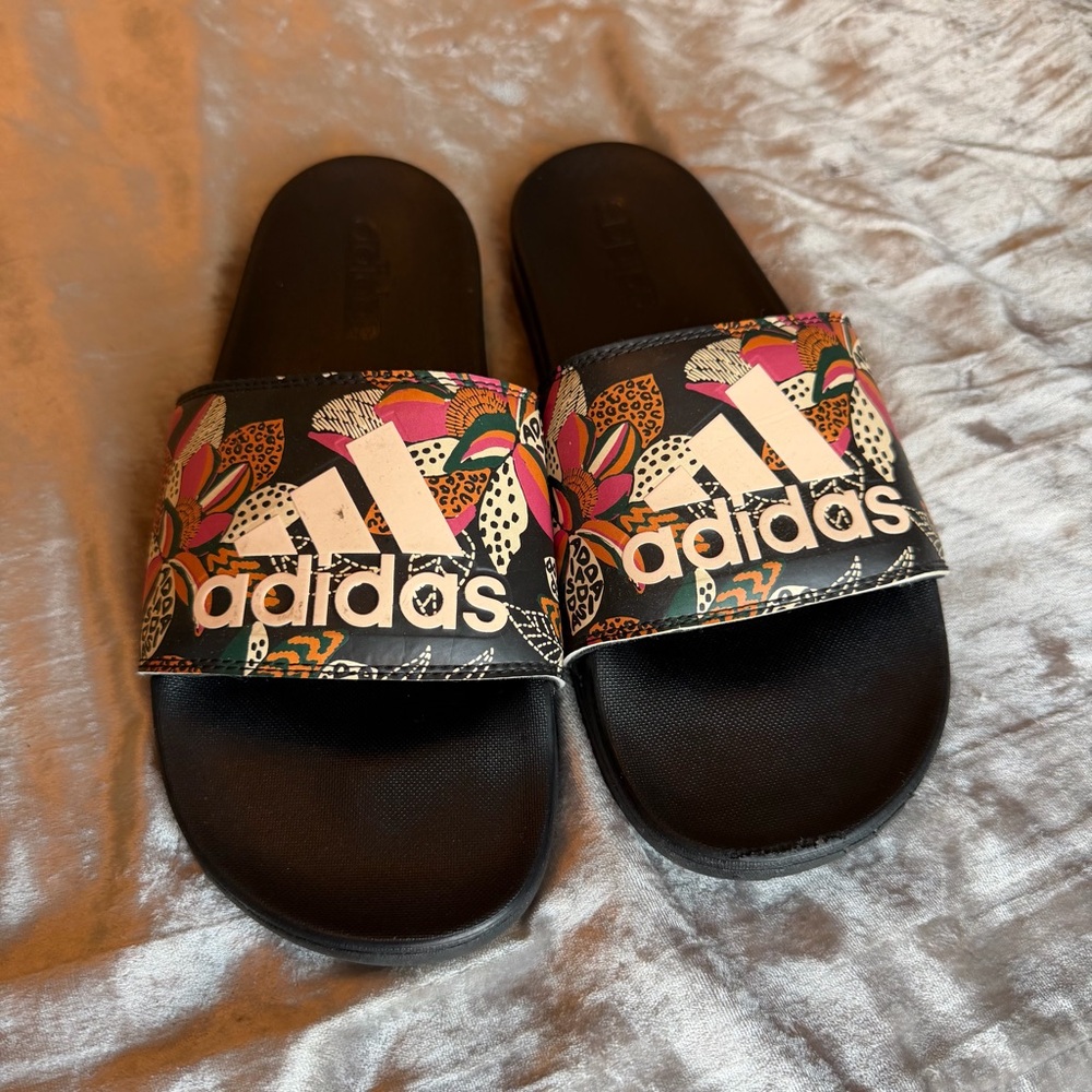 Adidas Women's Black and Vibrant Pattern Sandals